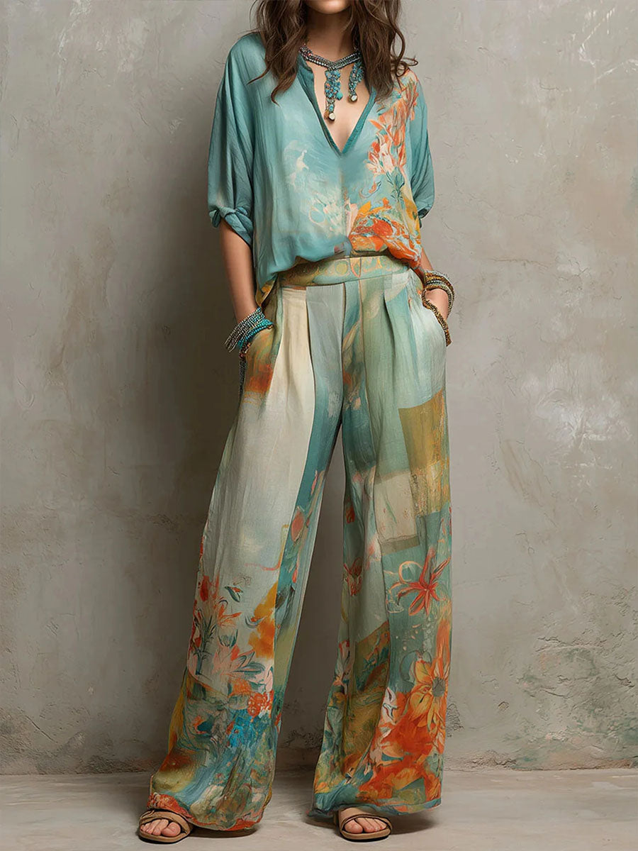 Carla | Conjunto elegante con estampado floral y pantalones de pierna ancha