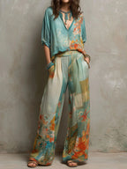 Carla | Conjunto elegante con estampado floral y pantalones de pierna ancha