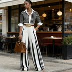 Mónica™ | Conjunto de dos piezas para mujer: camisa a rayas y pantalones de pierna ancha