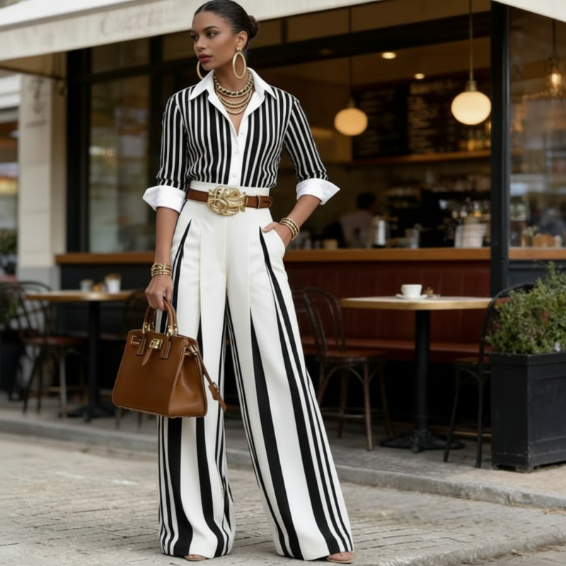 Mónica™ | Conjunto de dos piezas para mujer: camisa a rayas y pantalones de pierna ancha